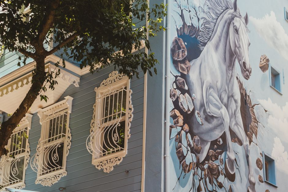 Blue painted house wall with ornate windows